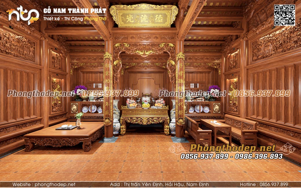 Thiết kế nội thất nhà gỗ 3 gian trốn 2 cột cái